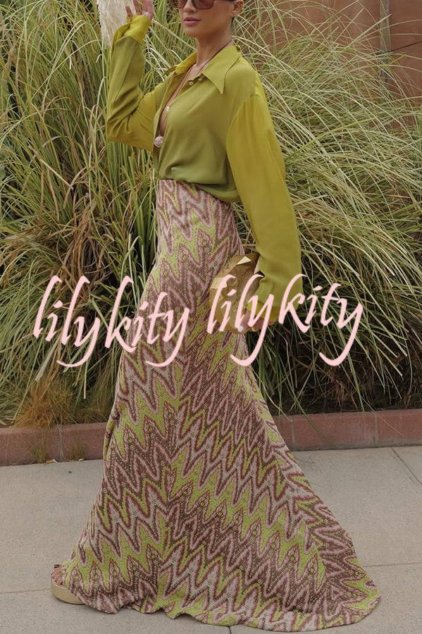 Moonlit Waltz Knit Jacquard Zigzag Print High Rise Stretch Flare Maxi Skirt