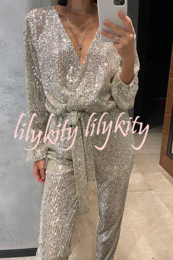 Cheers To You Sequin Long Sleeve Belted Wrap Loose Jumpsuit