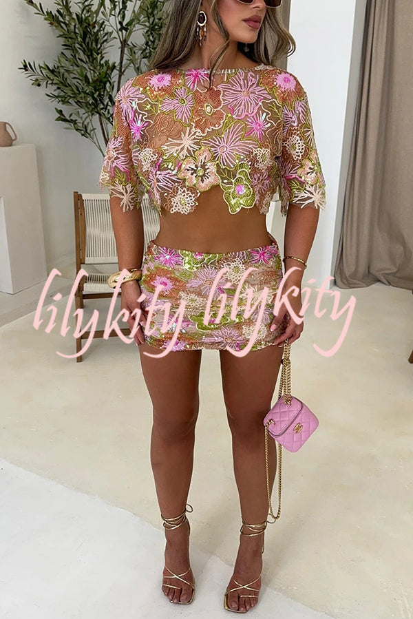 Fashionable Embroidered Flower Sequined Crop Top and Hip-hugging Mini Skirt Set