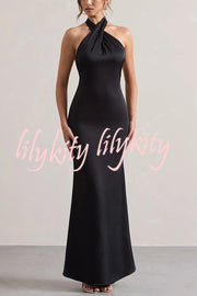 Solid Color Halter Neck Tie Sexy Backless Slim Maxi Dress