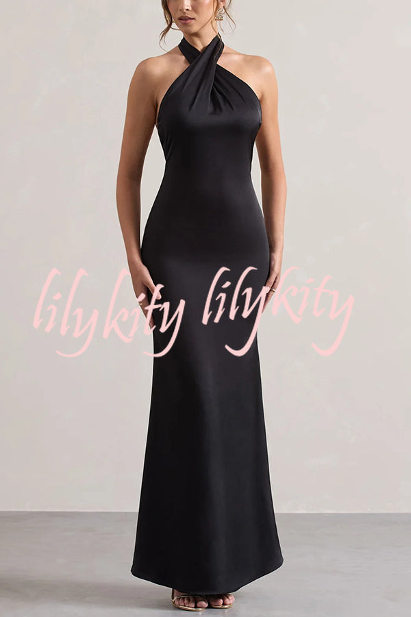 Solid Color Halter Neck Tie Sexy Backless Slim Maxi Dress