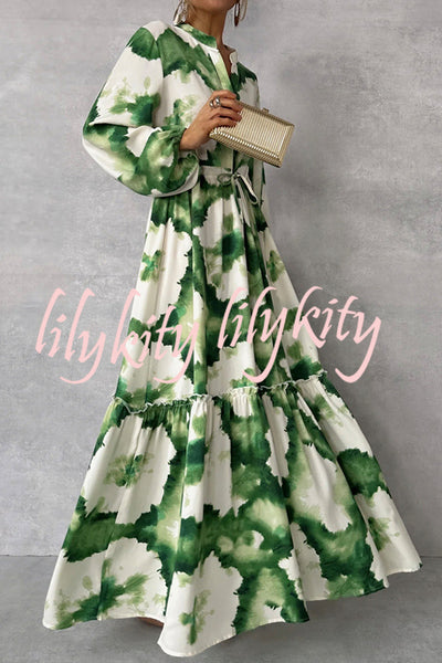 Unique Printed V-neck Long Sleeve Waist Tie-down Maxi Dress