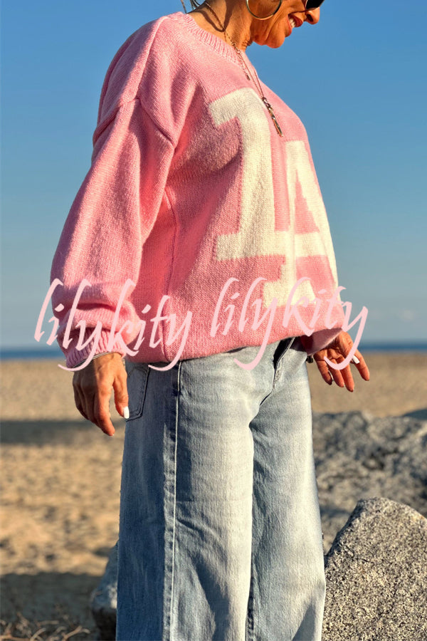 Letter Pattern Crew Neck Long Sleeve Loose Knit Sweater