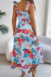 Plant Print Suspenders Pleated Holiday Beach Midi Dress