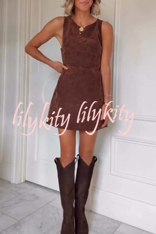 Atlas Faux Suede Open Back Button Accents Zipper Mini Dress