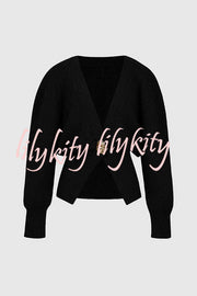 Only Yours Knit Metal Leaf Shape Button Lantern Sleeve Relaxed Cardigan