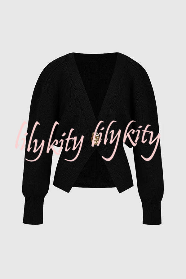 Only Yours Knit Metal Leaf Shape Button Lantern Sleeve Relaxed Cardigan