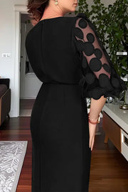Solid Color Polka Dot Lantern Sleeve Slim High Waist Midi Dress