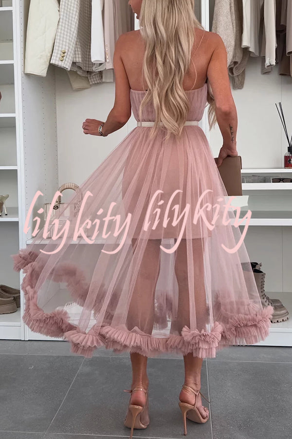 Fairytale Charm Tulle Off Shoulder Ruffles Trim A-line Midi Dress