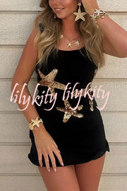 Beachside Dreams Starfish Sequin Wave Hem Stretch Tank Mini Dress