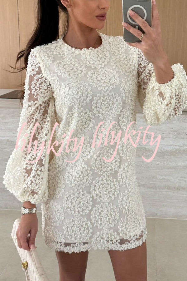 Love Note Lace Texture Fabric Balloon Sleeves Loose Mini Dress