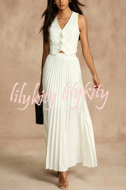 Stylish Rosette Sleeveless Tank Top and Pleated Maxi Skirt Set