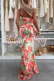 Irresistibly Chic Mesh Botanical Print Cut Out Bust Ruched Stretch Maxi Dress