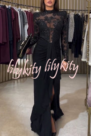 Fenna Sheer Floral Sequin Shoulder Pads Long Sleeve Drape Slit Maxi Dress