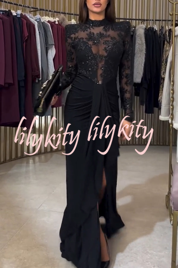 Fenna Sheer Floral Sequin Shoulder Pads Long Sleeve Drape Slit Maxi Dress