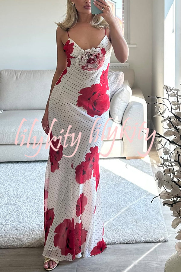 Vanna Poka Dot Floral Print 3D Flower Detail Slip Maxi Dress