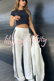 Sporty Mixed Formal Striped Trim Lapel Blazer and Elastic Waist Pocket Loose Pants Set