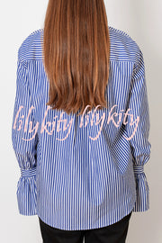 Striped Print Ruffled Long Sleeve Pockets Loose Shirt