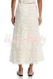 Nice Try Embroidered Crochet Lace Tassle Trim Elastic Waist Midi Skirt