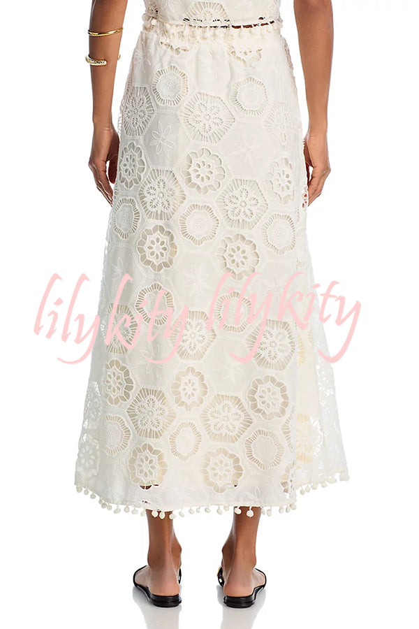 Nice Try Embroidered Crochet Lace Tassle Trim Elastic Waist Midi Skirt