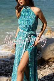 Unique Print Sexy Off-the-shoulder Waist Tie Slit Holiday Midi Dresses