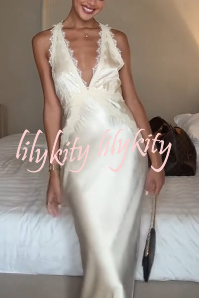 Modern Day Glam Satin Lace Trim V-neck Cross Back Maxi Dress