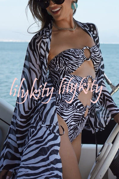 Marsie Zebra-print Ring Cutout Details Off Shoulder Stretch One-Piece Swimsuit