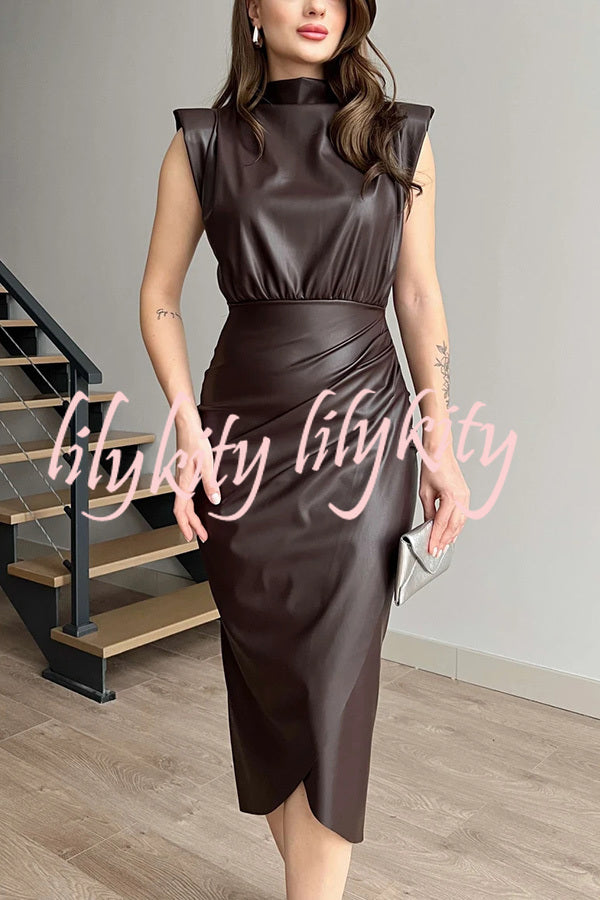 Elouise Faux Leather Turtleneck Shoulder Pads Ruched Slit Midi Dress