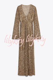 Fashion Sequined Hollow V-neck Long-sleeved Holiday Midi Dress