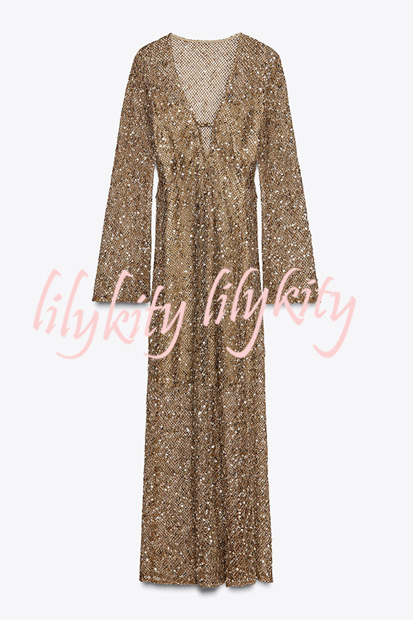 Fashion Sequined Hollow V-neck Long-sleeved Holiday Midi Dress
