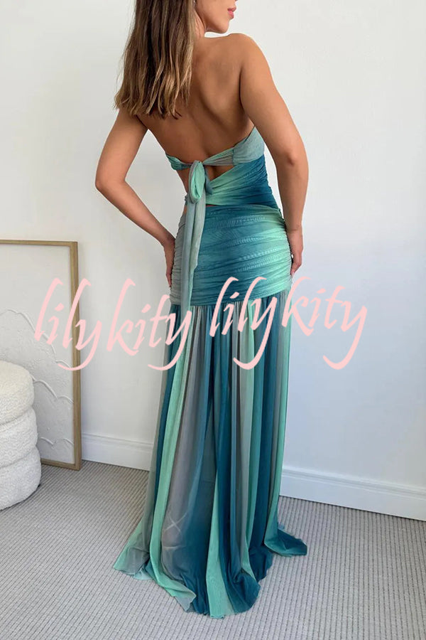 Soleil Mesh Printed Starfish Pendant Ruched Cutout Off Shoulder Maxi Dress