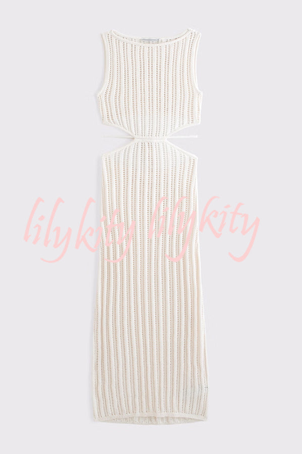 Beach Day Crochet Knit Cutout Waist Coverup Stretch Maxi Dress