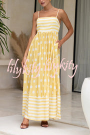 Striped Polka-dot Print Sling Pleated Open-back Maxi Dress