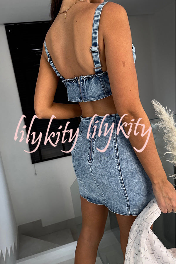 Picilo Denim Sweetheart Neck Cutout Waist Stretch Mini Dress