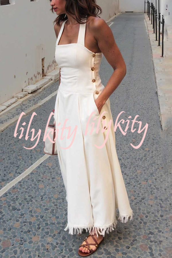 Bohemian Square Neck Pocket Tassel Holiday Maxi Dress