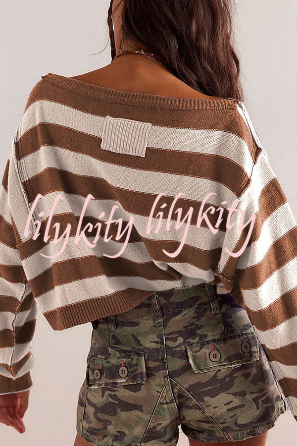 Striped Print Crew Neck Long Sleeve Loose Knitted Sweater