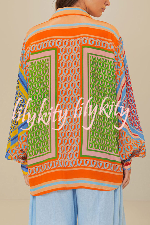 Brazil's Joyful Spirit Colorful Unique Print Balloon Sleeve Button Loose Shirt