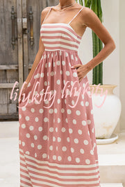 Striped Polka-dot Print Sling Pleated Open-back Maxi Dress