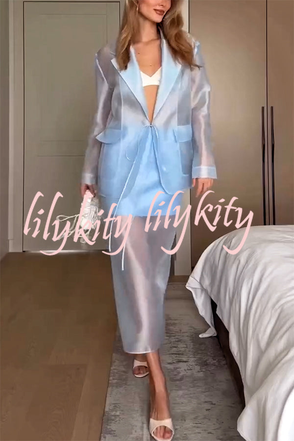 Simple and Light See-through Fabric Tie-up Long Sleeve Pocket Lapel Blazer