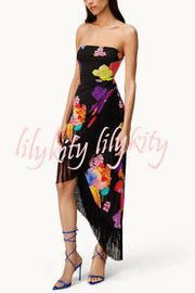 Island Girl Era Floral Print Tassel Trim Bandeau Stretch Midi Dress