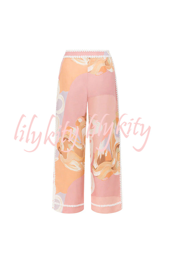 European Summer Linen Blend Ric Rac Trims High Rise Pocket Loose Pants