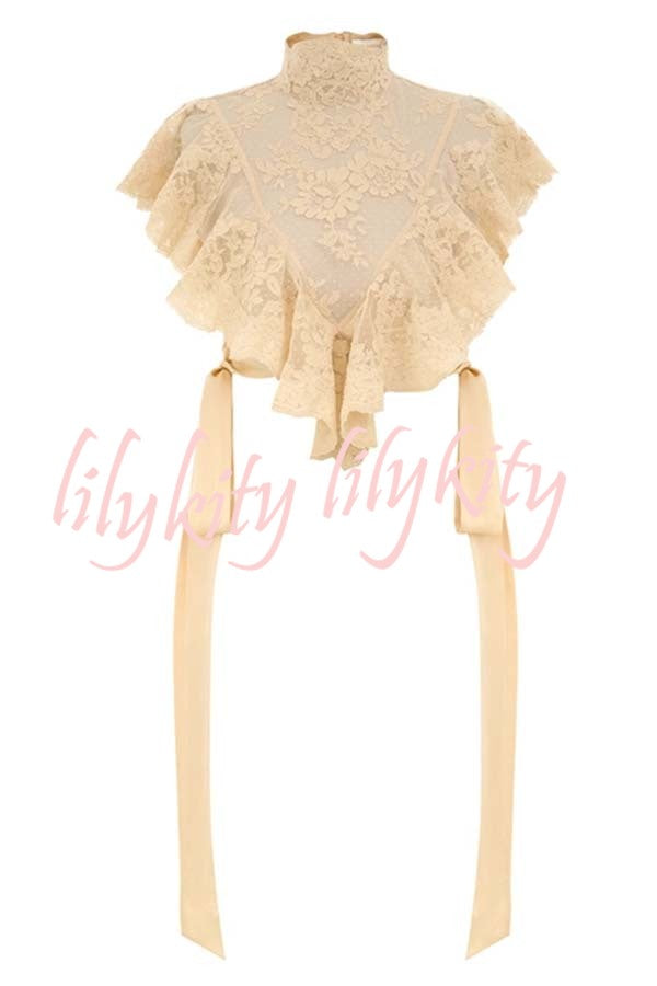 Salenia Lace Appliqué High Neck Side Tie-up Ruffle Cropped Top