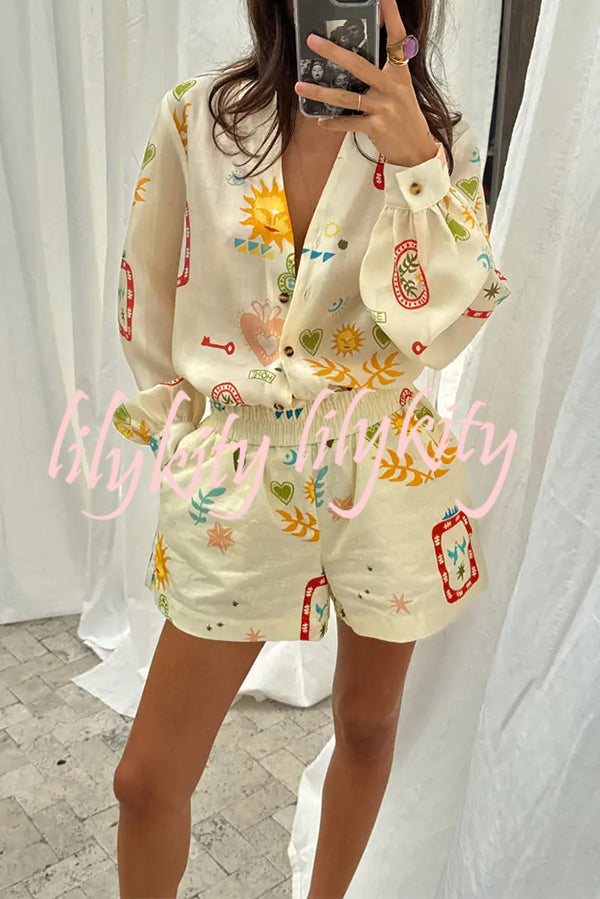 Funny Vacation Unique Printed Long Sleeve Shirt and Elastic Waist Pocket Loose Shorts Set