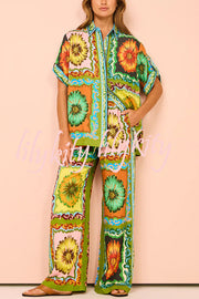 Disco Daisy Unique Printed Colorblock Elastic Waist Pocket Pants Set