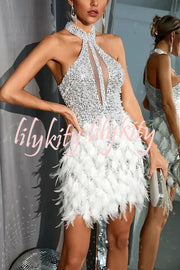 Stylish Sequined Sleeveless Feather-embellished Slim-fit Mini Dress