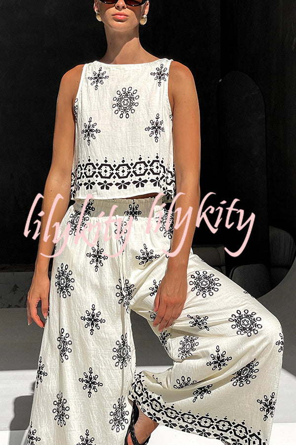 Unique Printed Round Neck Sleeveless Button Top and Elastic Waist Pocket Wide Leg Pants Set