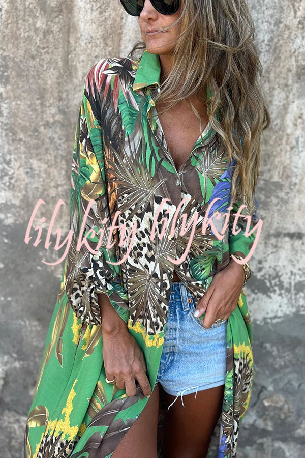 Jungle Miracle Animal Unique Print Button Long Sleeve Midi Relaxed Blouse