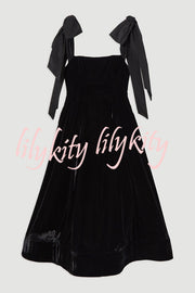 Romantic Type Velvet Bandeau Taffeta Bow Strap Pocketed Prom Maxi Dress