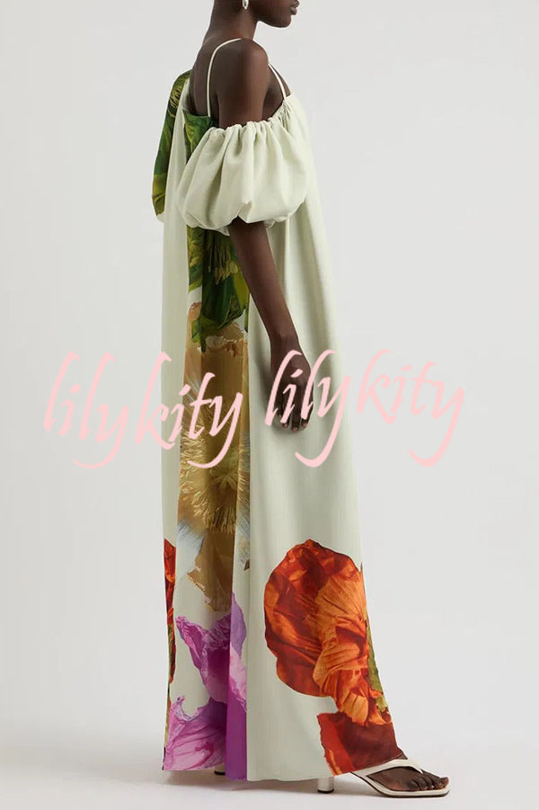 Floral Print Slant Collar Puff Sleeves Loose Holiday Maxi Dress