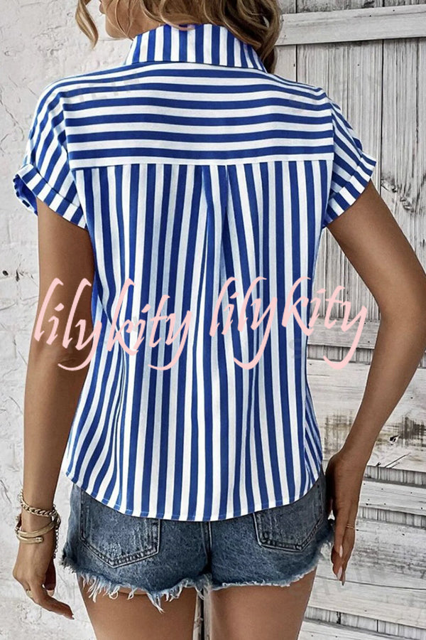 Striped Print Short Sleeve Pocket Shirt Top